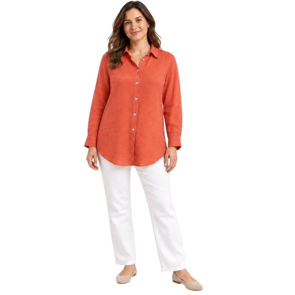 J. Jill 100% Linen Coral Orange Button Down Tunic Shirt, Lagenlook, Women Medium
